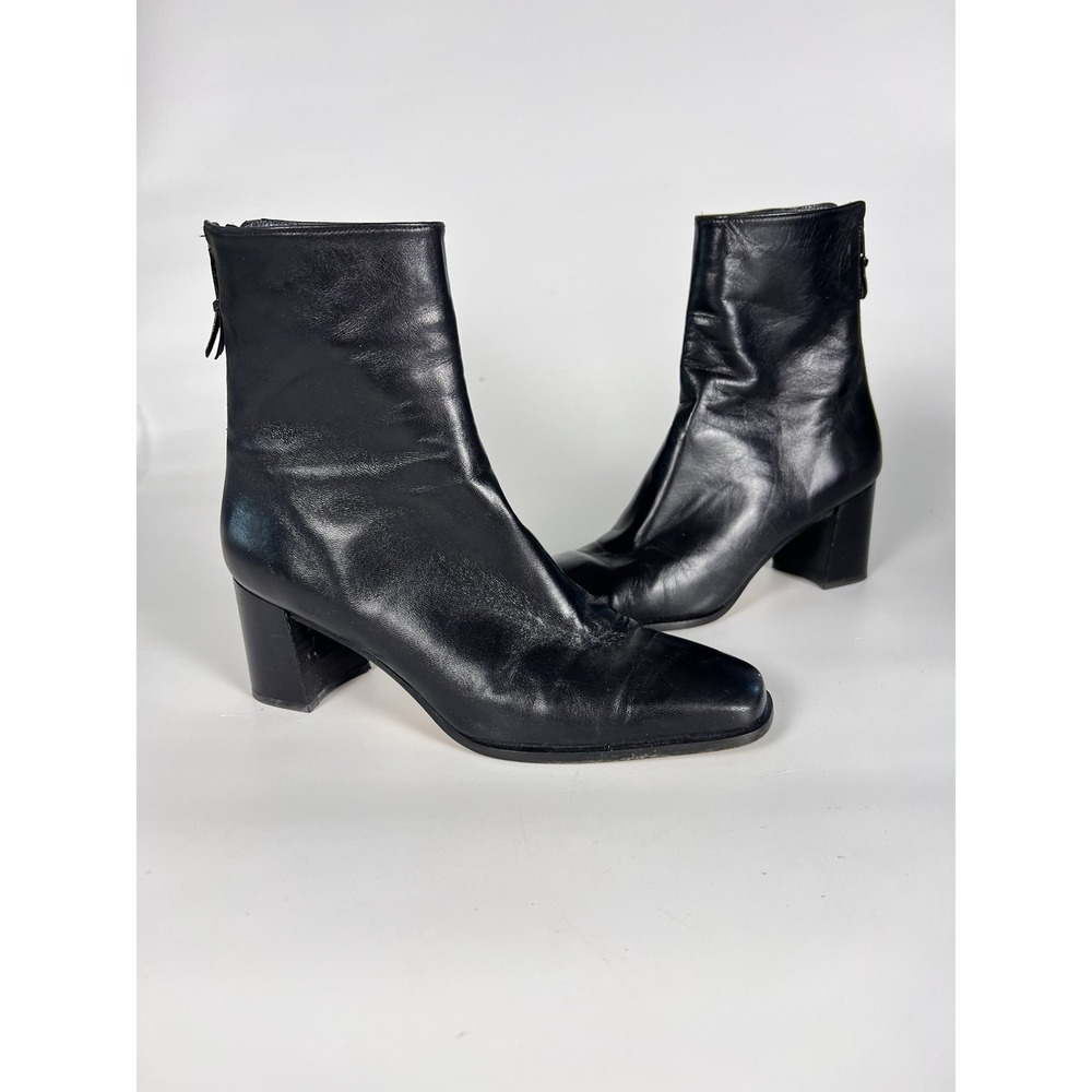 Stuart Weitzman Black Leather Ankle Boots Square Toe Block Heel Spain 5.5 B